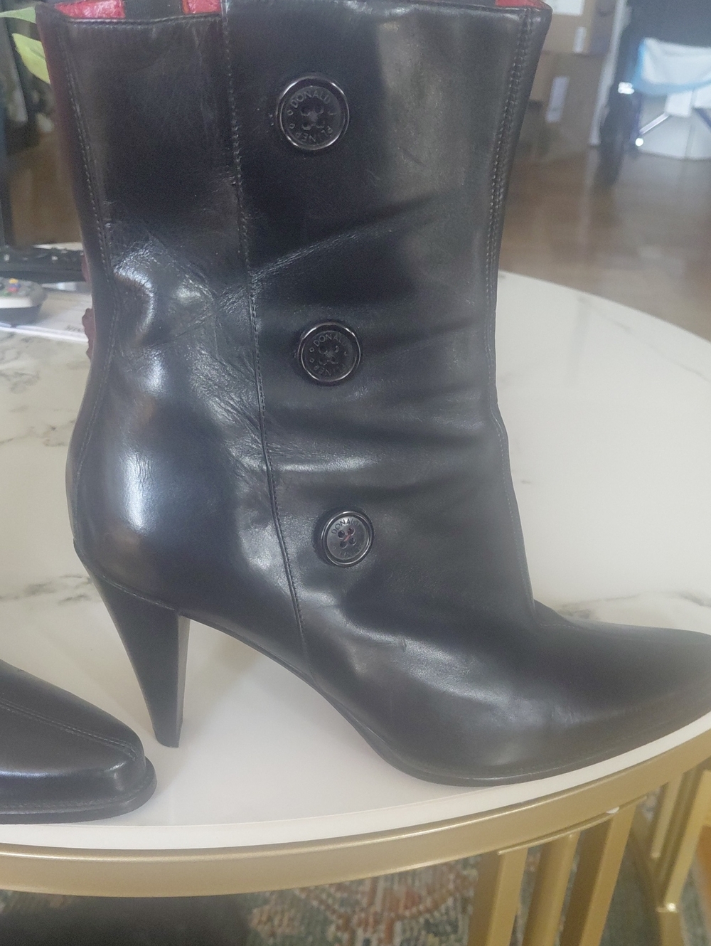 Donald J. Pliner Black Leather Button-Detail Heeled Ankle Boots